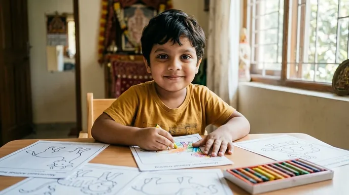 Close-up of the same 4-year-old child happily coloring Montessori printable worksheets with crayons