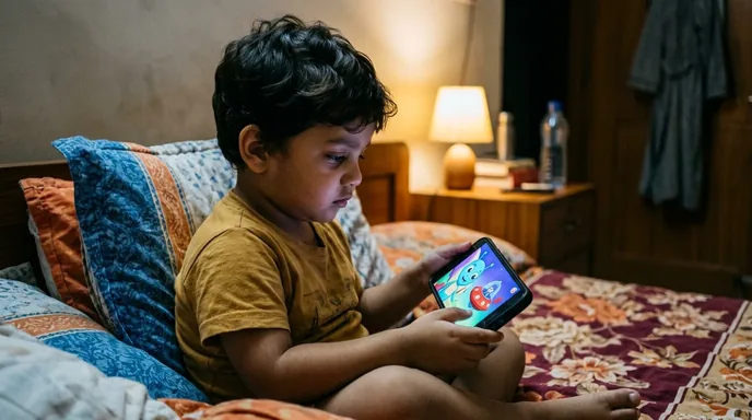 Close-up of 4-year-old child with strained eyes absorbed in late-night screen exposure