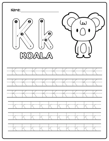 Letter K koala tracing worksheet