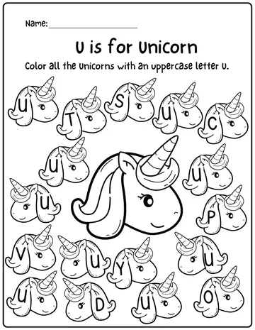 Find the letter U unicorn worksheet